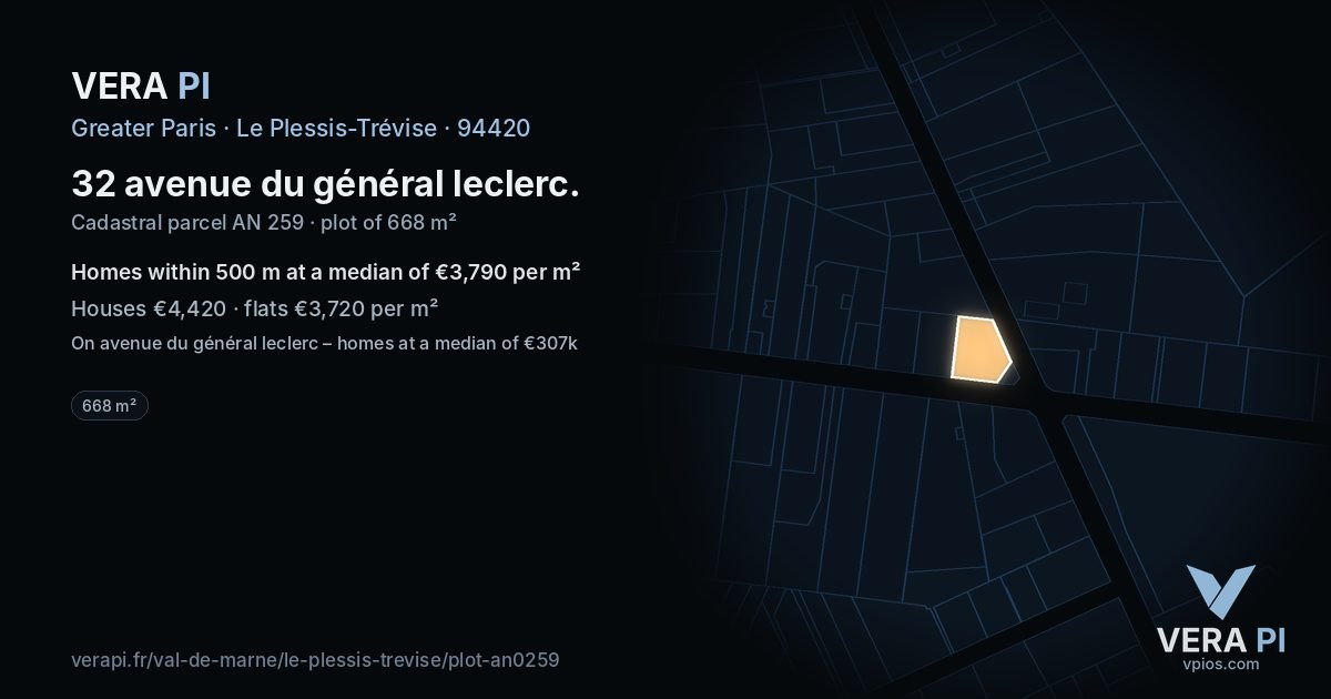 32 avenue du général leclerc, Le Plessis-Trévise at night – the plot lit, the parcels around coloured by the prices near them
