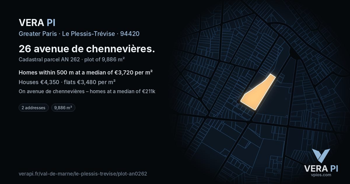 26 avenue de chennevières, Le Plessis-Trévise at night – the plot lit, the parcels around coloured by the prices near them
