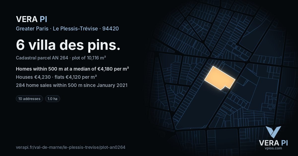 6 villa des pins, Le Plessis-Trévise at night – the plot lit, the parcels around coloured by the prices near them