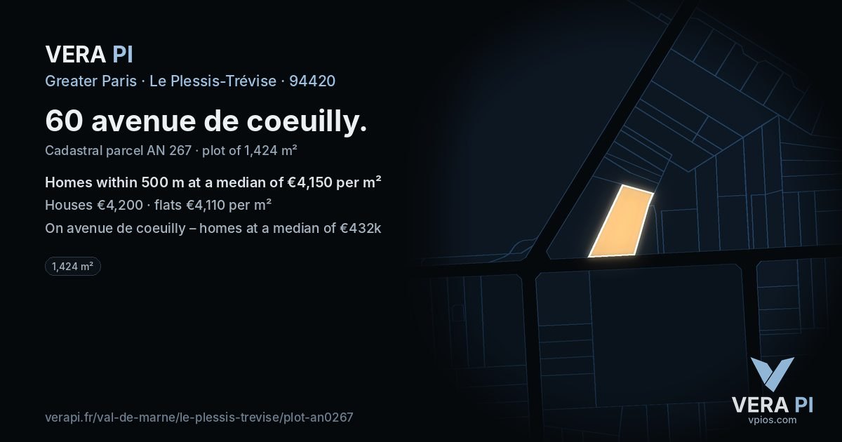 60 avenue de coeuilly, Le Plessis-Trévise at night – the plot lit, the parcels around coloured by the prices near them