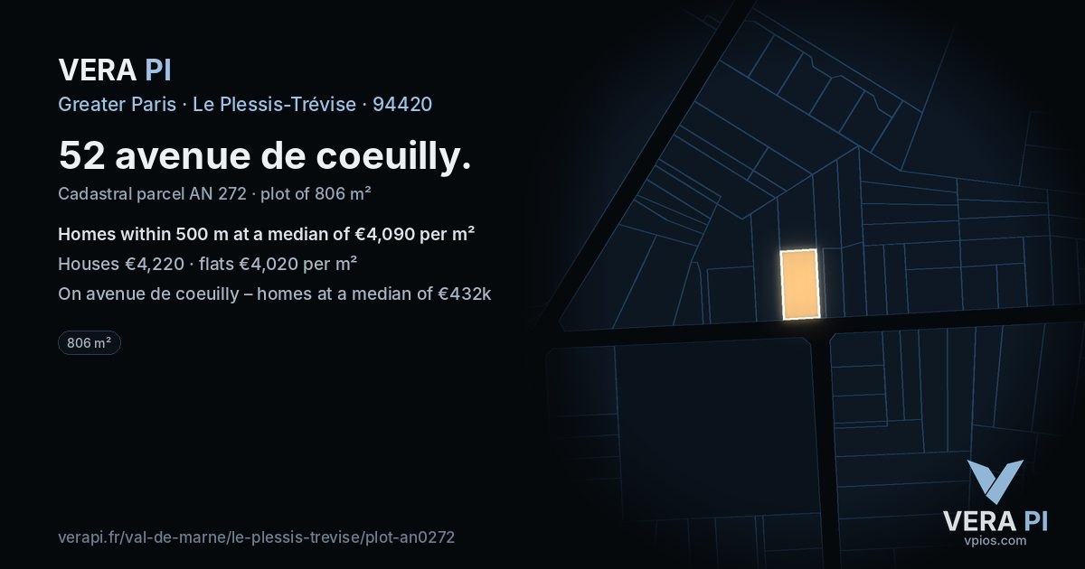 52 avenue de coeuilly, Le Plessis-Trévise at night – the plot lit, the parcels around coloured by the prices near them