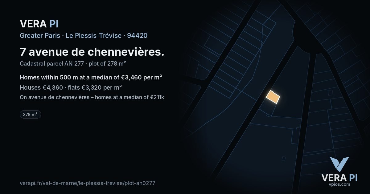 7 avenue de chennevières, Le Plessis-Trévise at night – the plot lit, the parcels around coloured by the prices near them