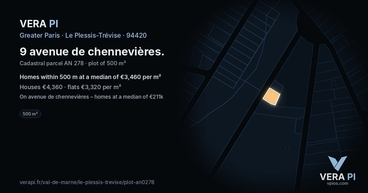 9 avenue de chennevières, Le Plessis-Trévise at night – the plot lit, the parcels around coloured by the prices near them