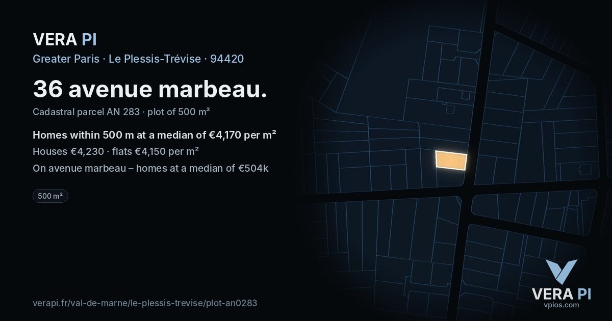 36 avenue marbeau, Le Plessis-Trévise at night – the plot lit, the parcels around coloured by the prices near them