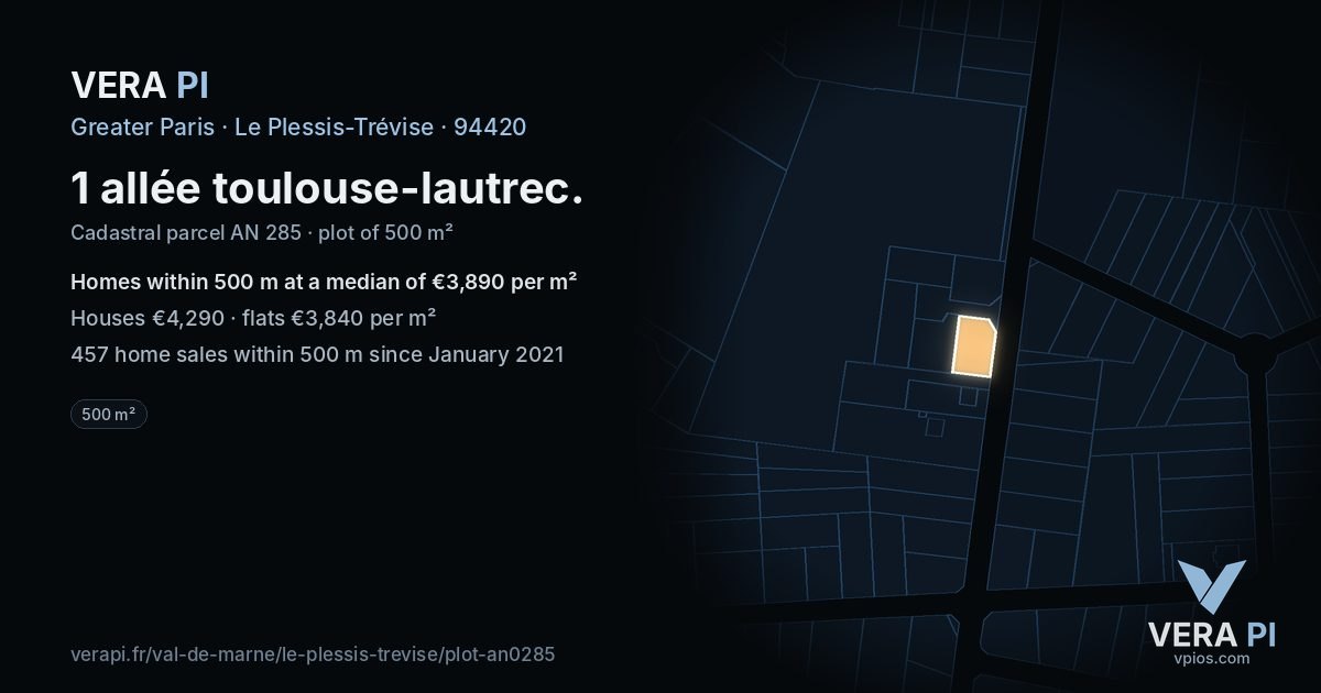 1 allée toulouse-lautrec, Le Plessis-Trévise at night – the plot lit, the parcels around coloured by the prices near them