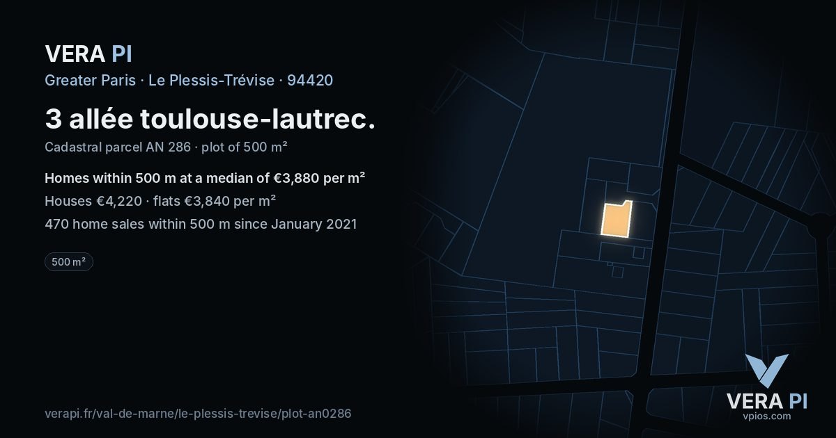 3 allée toulouse-lautrec, Le Plessis-Trévise at night – the plot lit, the parcels around coloured by the prices near them