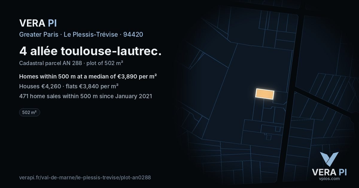 4 allée toulouse-lautrec, Le Plessis-Trévise at night – the plot lit, the parcels around coloured by the prices near them