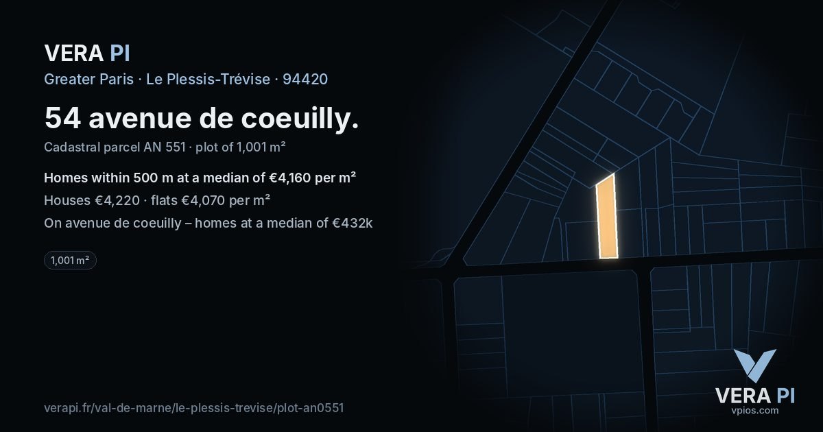 54 avenue de coeuilly, Le Plessis-Trévise at night – the plot lit, the parcels around coloured by the prices near them