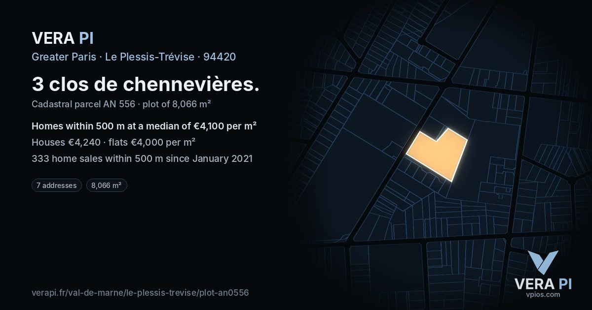 3 clos de chennevières, Le Plessis-Trévise at night – the plot lit, the parcels around coloured by the prices near them