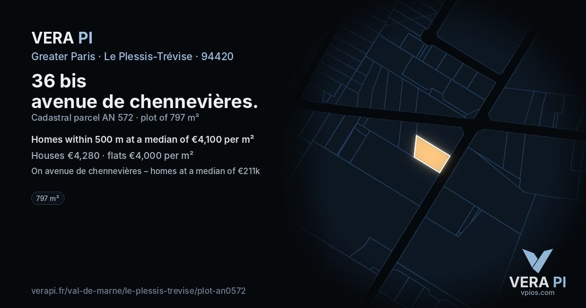 36 bis avenue de chennevières, Le Plessis-Trévise at night – the plot lit, the parcels around coloured by the prices near them