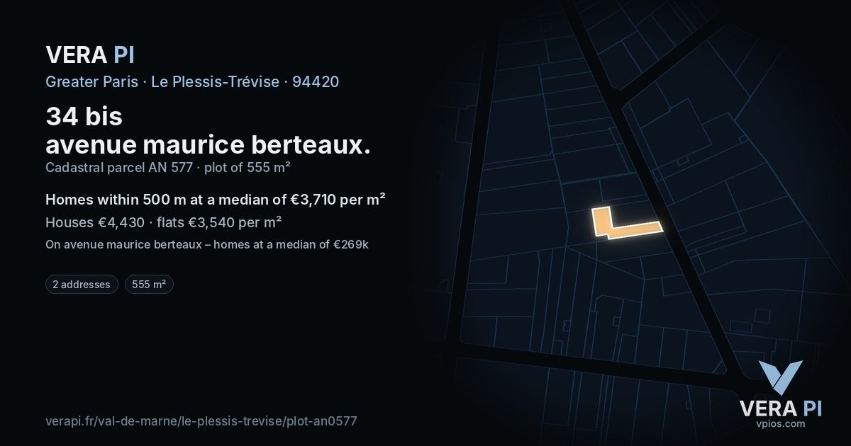 34 bis avenue maurice berteaux, Le Plessis-Trévise at night – the plot lit, the parcels around coloured by the prices near them