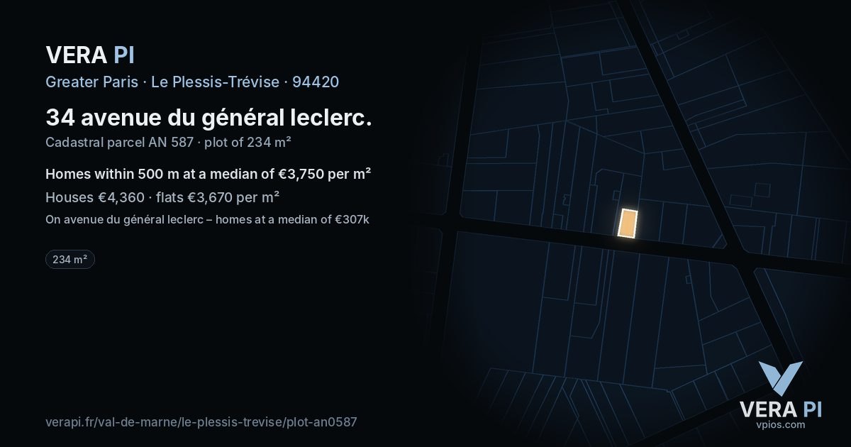 34 avenue du général leclerc, Le Plessis-Trévise at night – the plot lit, the parcels around coloured by the prices near them