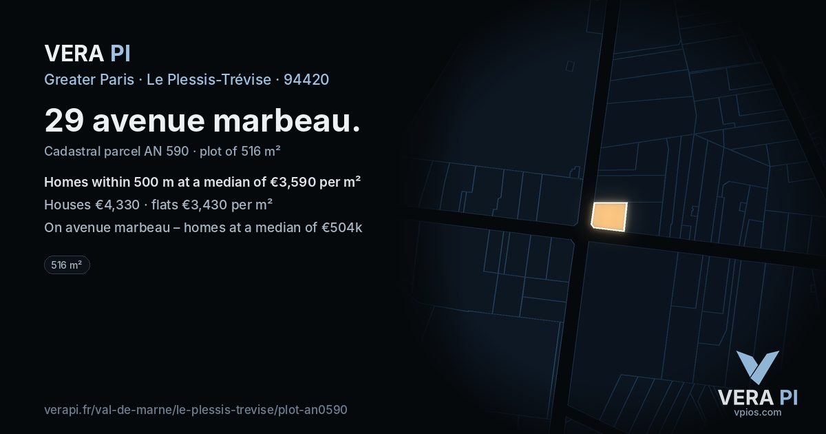 29 avenue marbeau, Le Plessis-Trévise at night – the plot lit, the parcels around coloured by the prices near them