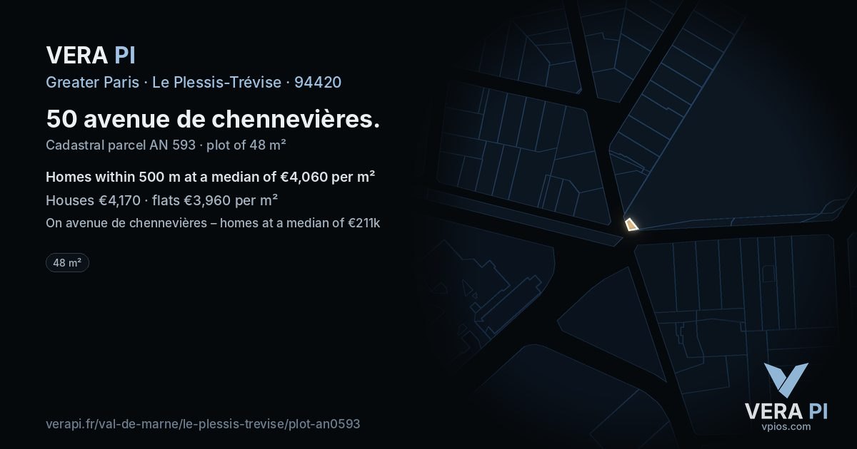 50 avenue de chennevières, Le Plessis-Trévise at night – the plot lit, the parcels around coloured by the prices near them