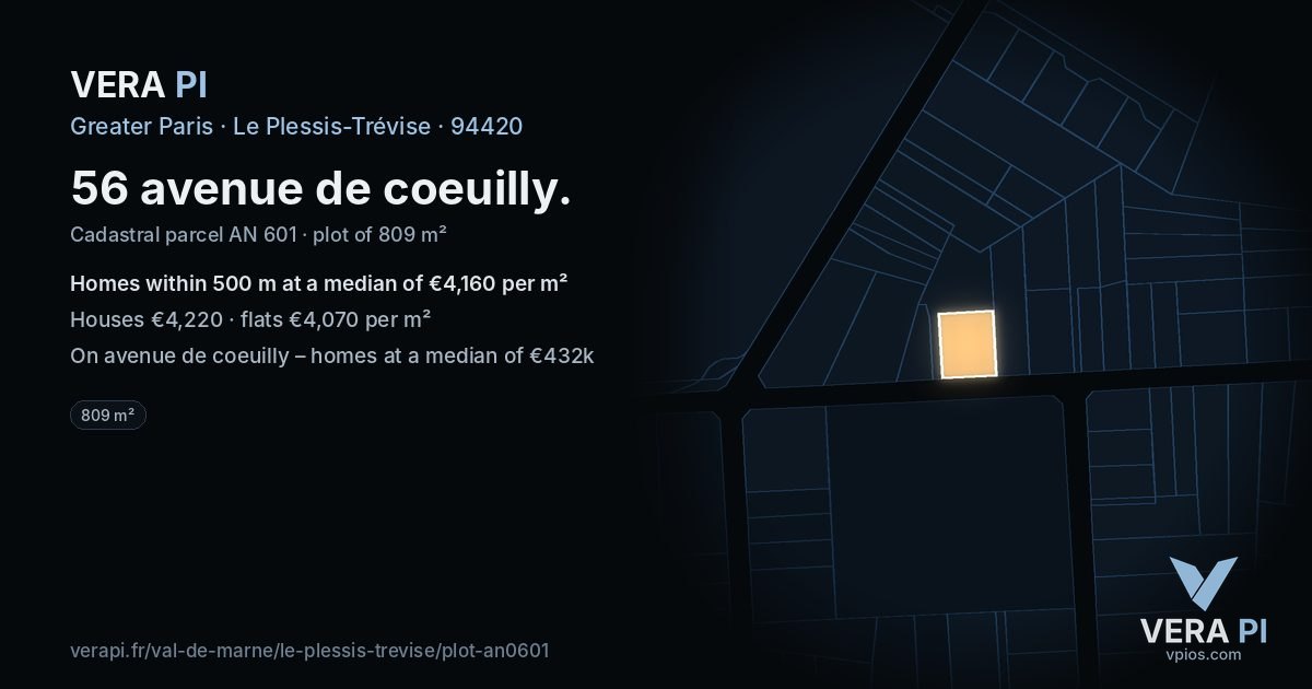 56 avenue de coeuilly, Le Plessis-Trévise at night – the plot lit, the parcels around coloured by the prices near them