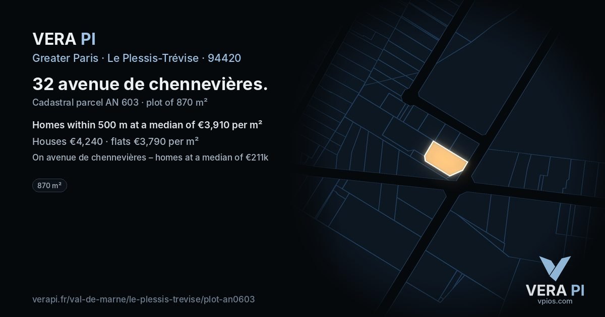 32 avenue de chennevières, Le Plessis-Trévise at night – the plot lit, the parcels around coloured by the prices near them