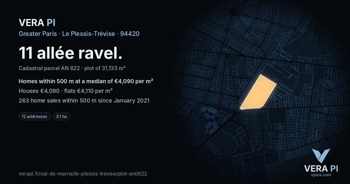 11 allée ravel, Le Plessis-Trévise at night – the plot lit, the parcels around coloured by the prices near them