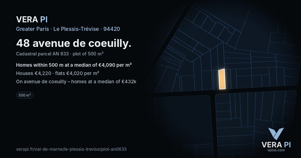 48 avenue de coeuilly, Le Plessis-Trévise at night – the plot lit, the parcels around coloured by the prices near them