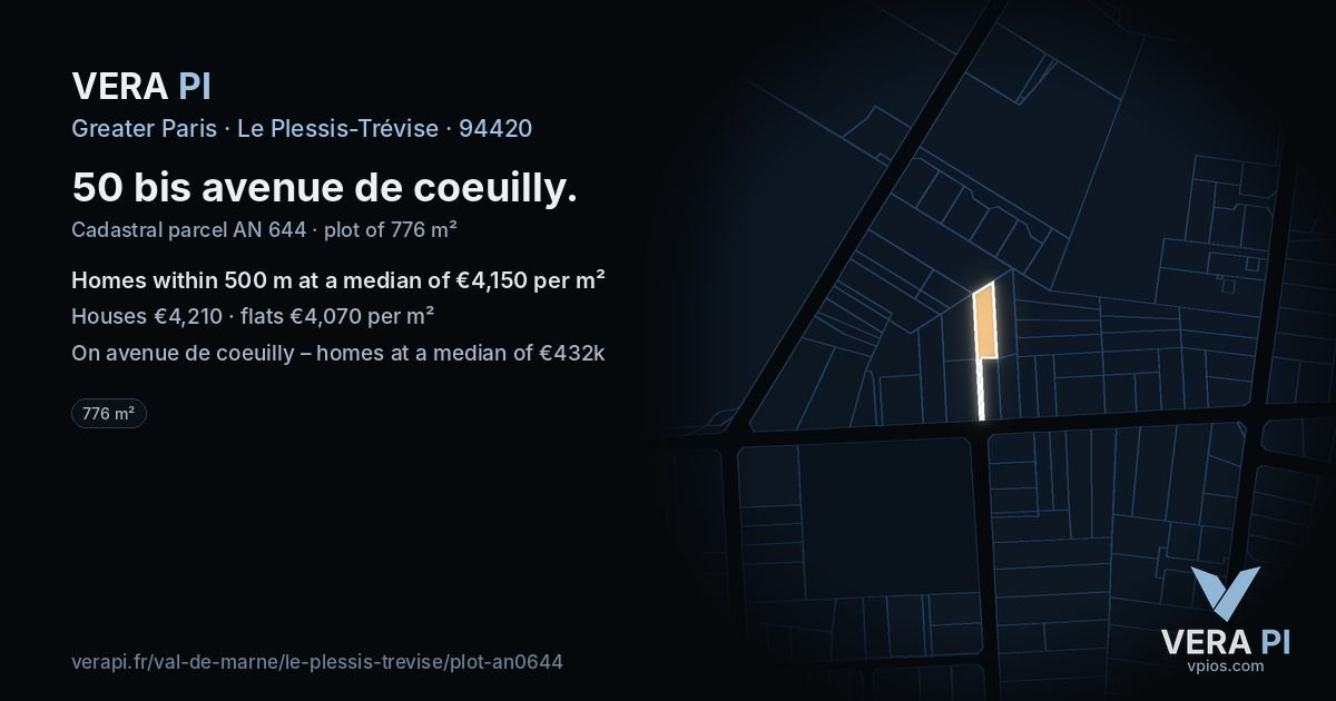 50 bis avenue de coeuilly, Le Plessis-Trévise at night – the plot lit, the parcels around coloured by the prices near them