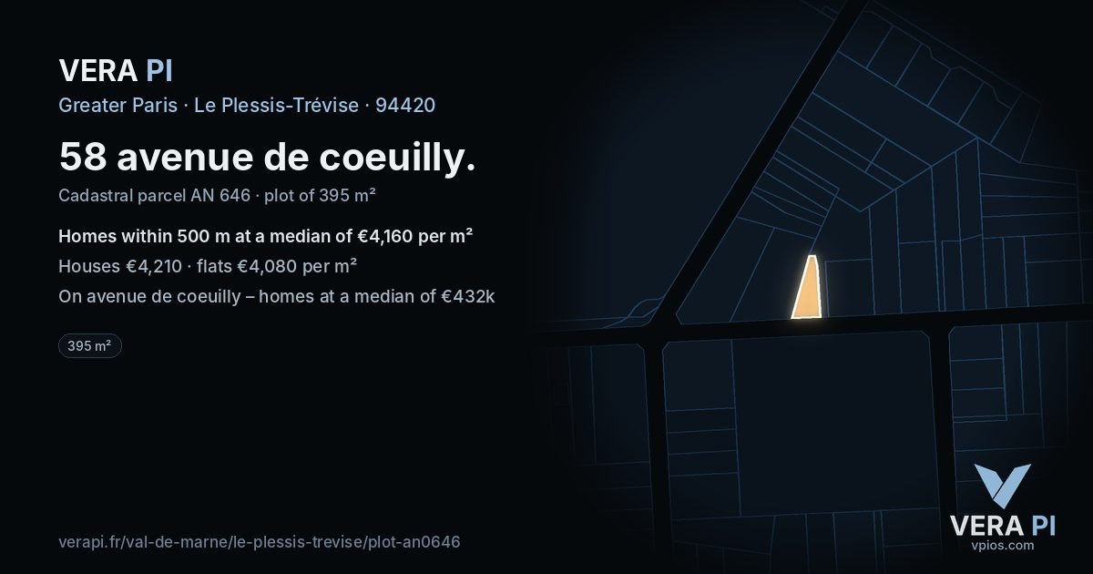 58 avenue de coeuilly, Le Plessis-Trévise at night – the plot lit, the parcels around coloured by the prices near them