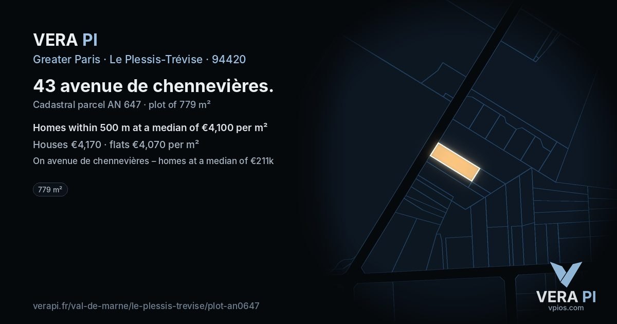 43 avenue de chennevières, Le Plessis-Trévise at night – the plot lit, the parcels around coloured by the prices near them