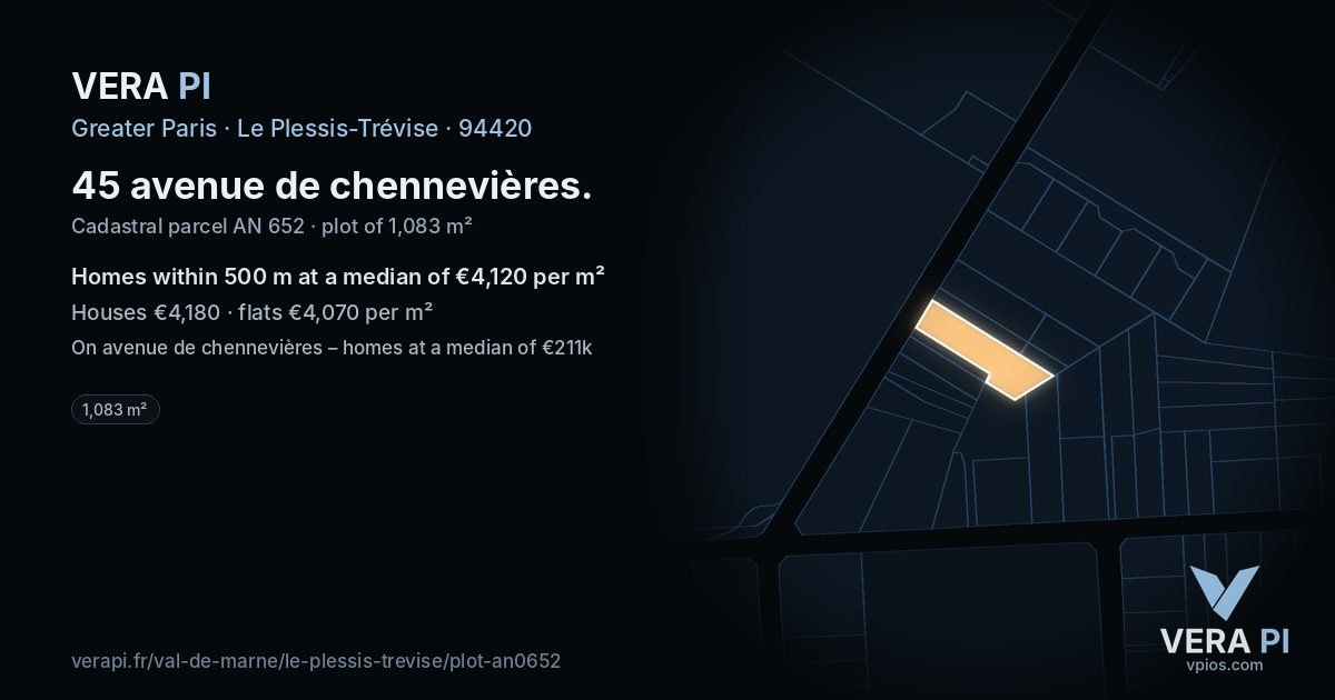 45 avenue de chennevières, Le Plessis-Trévise at night – the plot lit, the parcels around coloured by the prices near them