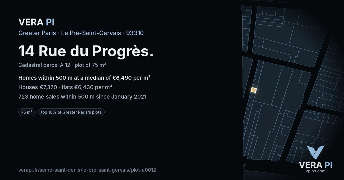 14 Rue du Progrès, Le Pré-Saint-Gervais at night – the plot lit, the parcels around coloured by the prices near them