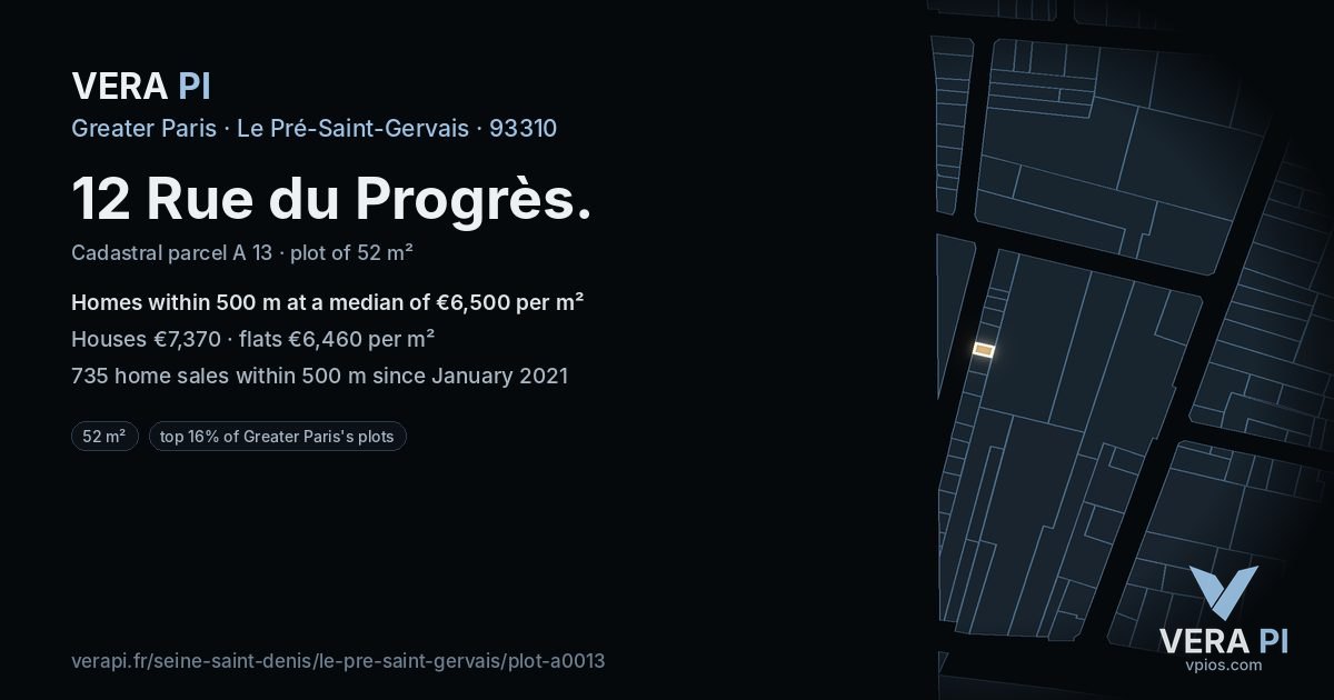 12 Rue du Progrès, Le Pré-Saint-Gervais at night – the plot lit, the parcels around coloured by the prices near them