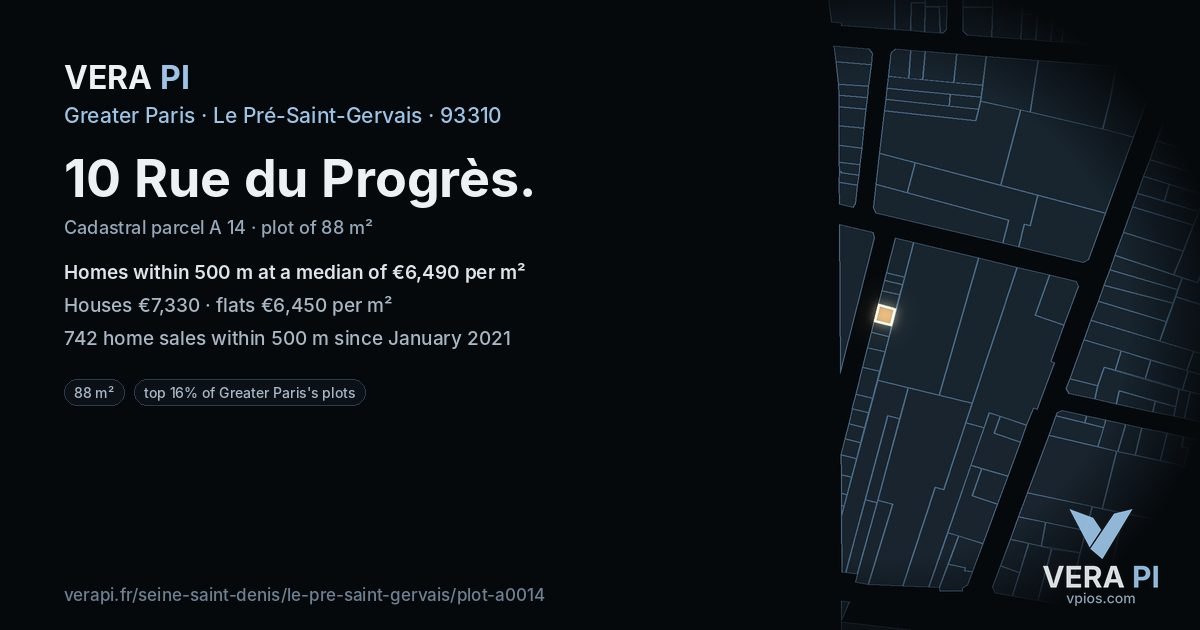 10 Rue du Progrès, Le Pré-Saint-Gervais at night – the plot lit, the parcels around coloured by the prices near them