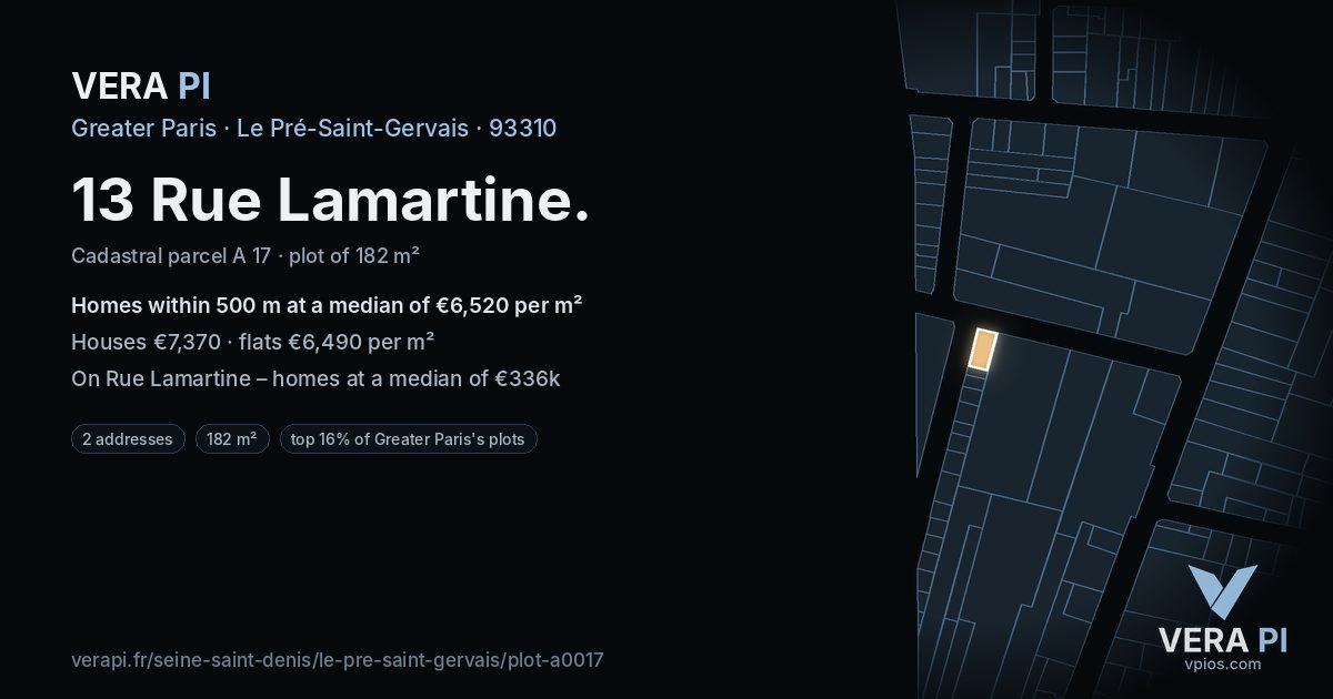 13 Rue Lamartine, Le Pré-Saint-Gervais at night – the plot lit, the parcels around coloured by the prices near them