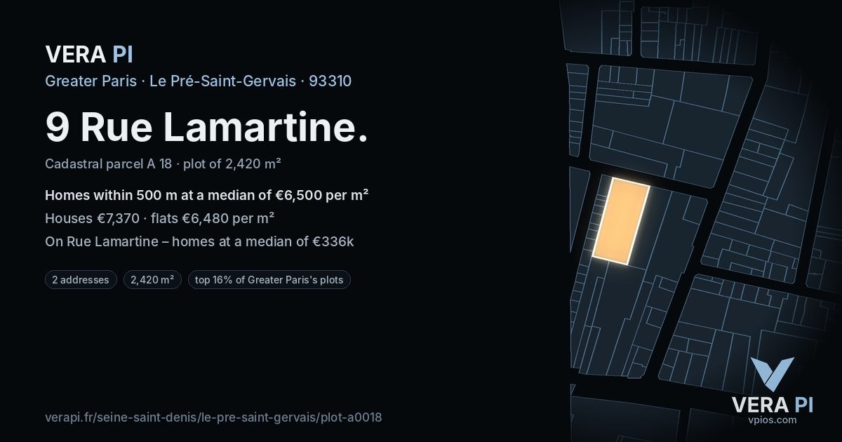 9 Rue Lamartine, Le Pré-Saint-Gervais at night – the plot lit, the parcels around coloured by the prices near them