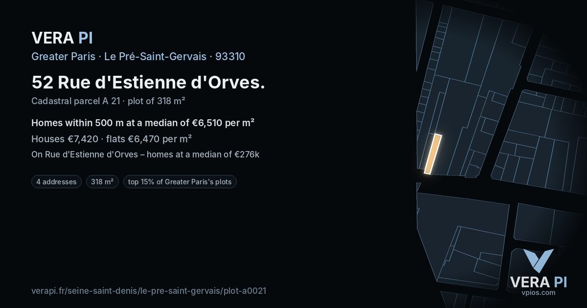 52 Rue d'Estienne d'Orves, Le Pré-Saint-Gervais at night – the plot lit, the parcels around coloured by the prices near them