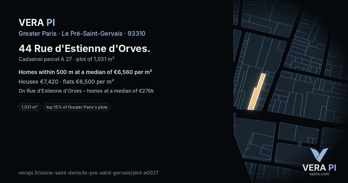 44 Rue d'Estienne d'Orves, Le Pré-Saint-Gervais at night – the plot lit, the parcels around coloured by the prices near them