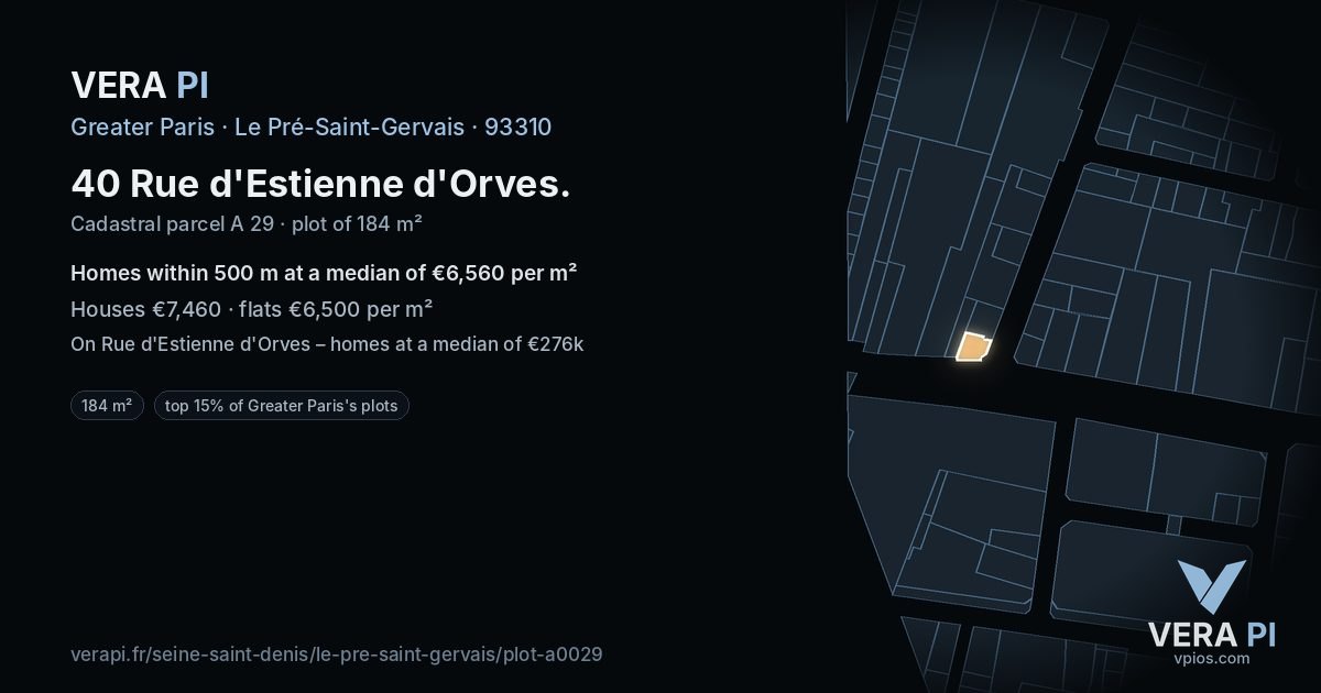 40 Rue d'Estienne d'Orves, Le Pré-Saint-Gervais at night – the plot lit, the parcels around coloured by the prices near them