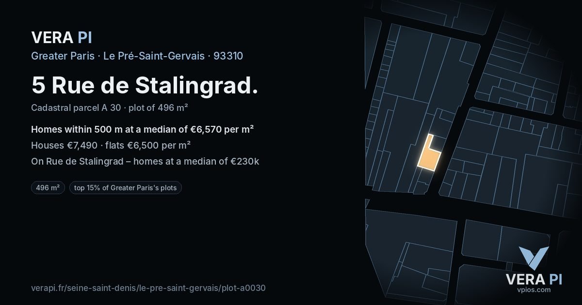 5 Rue de Stalingrad, Le Pré-Saint-Gervais at night – the plot lit, the parcels around coloured by the prices near them