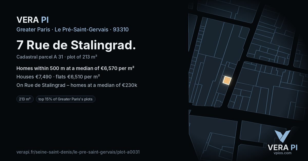 7 Rue de Stalingrad, Le Pré-Saint-Gervais at night – the plot lit, the parcels around coloured by the prices near them