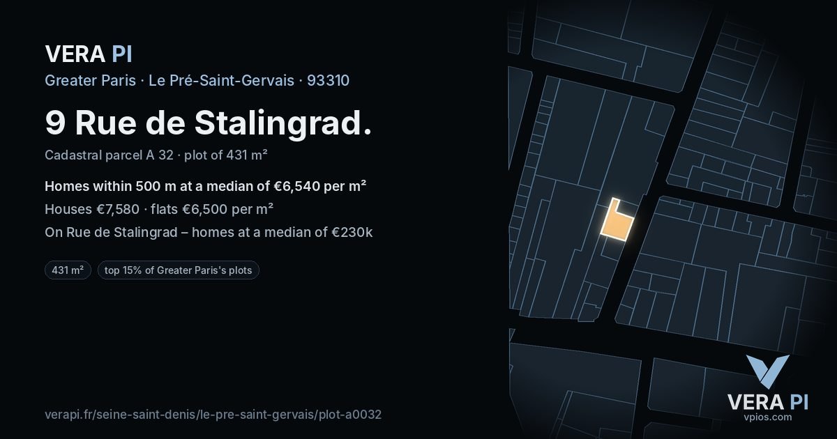 9 Rue de Stalingrad, Le Pré-Saint-Gervais at night – the plot lit, the parcels around coloured by the prices near them