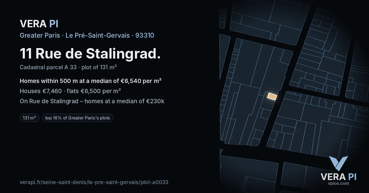 11 Rue de Stalingrad, Le Pré-Saint-Gervais at night – the plot lit, the parcels around coloured by the prices near them
