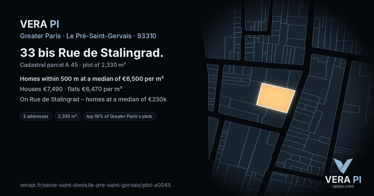 33 bis Rue de Stalingrad, Le Pré-Saint-Gervais at night – the plot lit, the parcels around coloured by the prices near them