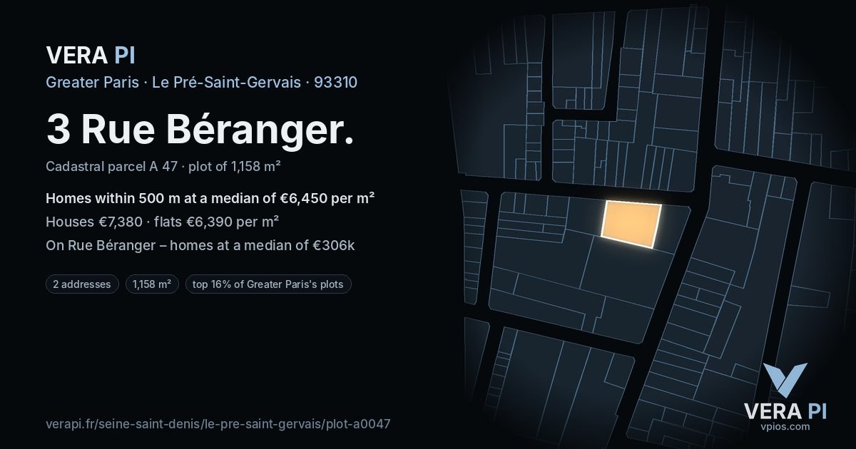 3 Rue Béranger, Le Pré-Saint-Gervais at night – the plot lit, the parcels around coloured by the prices near them
