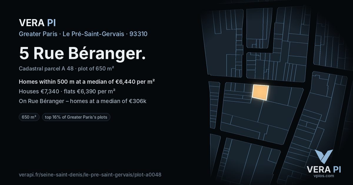 5 Rue Béranger, Le Pré-Saint-Gervais at night – the plot lit, the parcels around coloured by the prices near them
