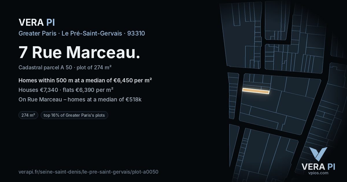 7 Rue Marceau, Le Pré-Saint-Gervais at night – the plot lit, the parcels around coloured by the prices near them