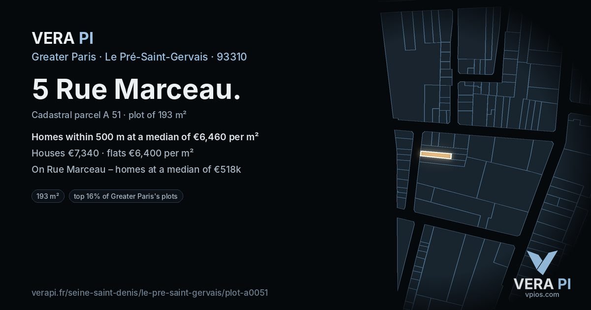 5 Rue Marceau, Le Pré-Saint-Gervais at night – the plot lit, the parcels around coloured by the prices near them