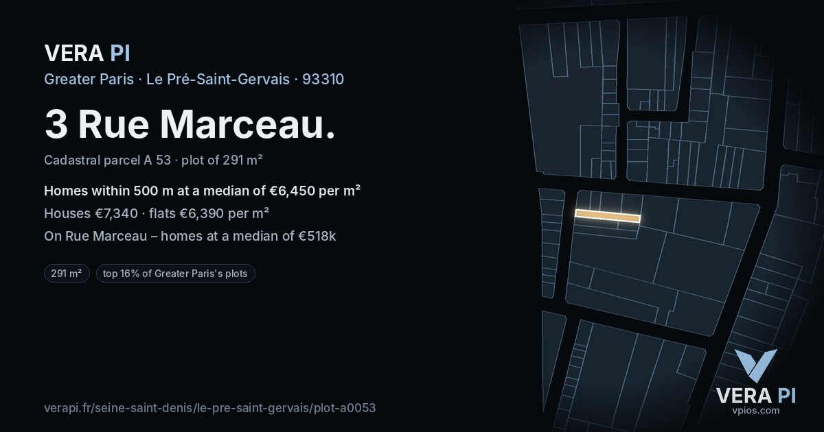 3 Rue Marceau, Le Pré-Saint-Gervais at night – the plot lit, the parcels around coloured by the prices near them