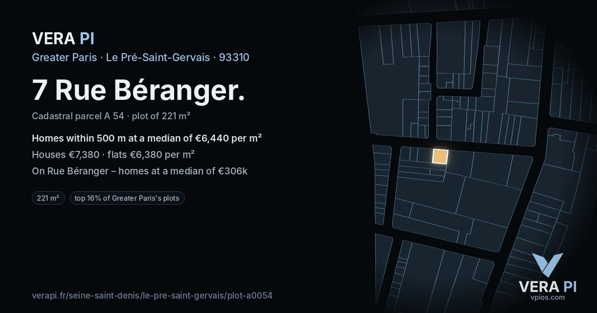 7 Rue Béranger, Le Pré-Saint-Gervais at night – the plot lit, the parcels around coloured by the prices near them