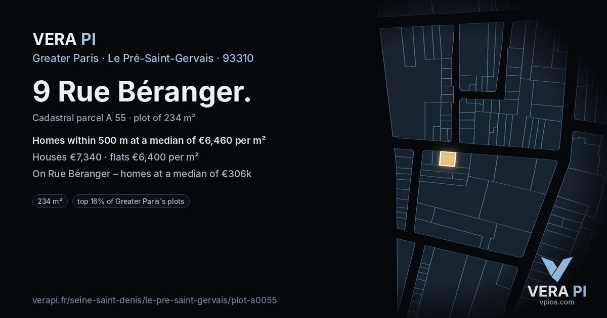 9 Rue Béranger, Le Pré-Saint-Gervais at night – the plot lit, the parcels around coloured by the prices near them