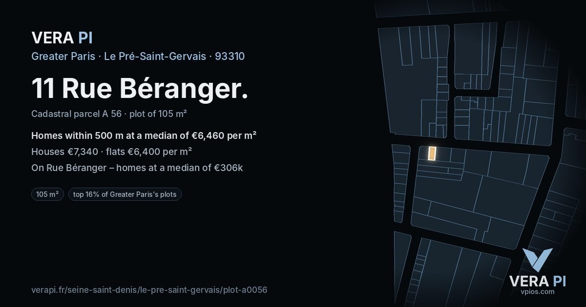 11 Rue Béranger, Le Pré-Saint-Gervais at night – the plot lit, the parcels around coloured by the prices near them