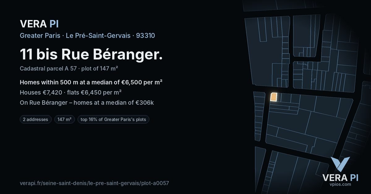 11 bis Rue Béranger, Le Pré-Saint-Gervais at night – the plot lit, the parcels around coloured by the prices near them