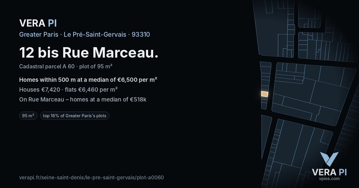 12 bis Rue Marceau, Le Pré-Saint-Gervais at night – the plot lit, the parcels around coloured by the prices near them