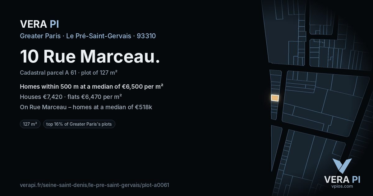10 Rue Marceau, Le Pré-Saint-Gervais at night – the plot lit, the parcels around coloured by the prices near them